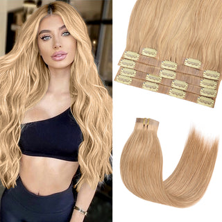 #18 Golden Blonde Straight Clip in Hair Extensions Real Human Hair PU Seamless Clip ins 6Pcs 110G CVOHAIR