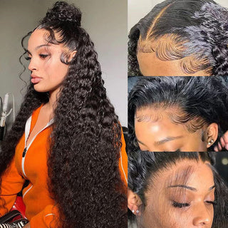 #1B Deep Wave HD Lace Front Wigs Human Hair 200% Density Transparent Lace Frontal Wigs Pre Plucked With Baby Hair CVOHAIR