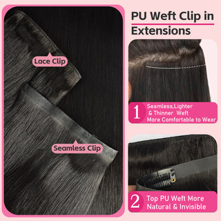 #1B 6Pcs Straight Clip in Hair Extensions Real Human Hair PU Seamless Clip ins Natural Black 110G CVOHAIR