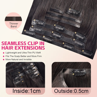 CVOHAIR 6-teiliges glattes Clip-in-Haarverlängerungsset, Echthaar, PU, ​​nahtlos, Clip-ins, Naturschwarz, 110 g