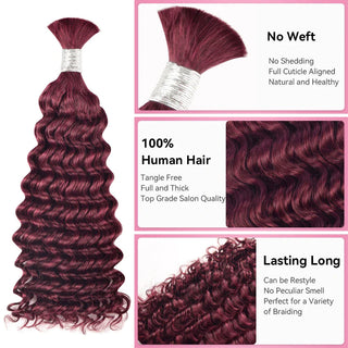 #BUG Burgundy Red Boho Braids Deep Wave No Weft Bulk Hair for Human Hair CVOHAIR