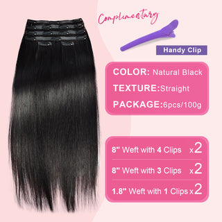 #1B 6Pcs Straight Clip in Hair Extensions Real Human Hair PU Seamless Clip ins Natural Black 110G CVOHAIR