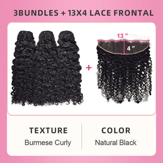 #1B Burmese Curly  3 Bundles with HD lace Closure Deal 100% Human Hair CVOHAIR