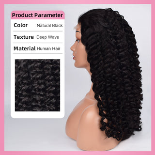 #1B Deep Wave Transparent Lace Frontal Wigs Human Hair 200% Density Pre Plucked With Baby Hair CVOHAIR