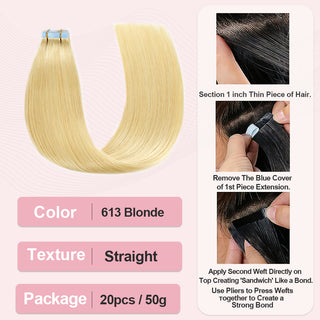 #613 Blonde Straight Tape in Hair Extensions Human Hair 20pcs 50g/pack Seamless Skin Weft Hair CVOHAIR
