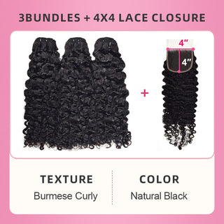 #1B Burmese Curly  3 Bundles with HD lace Closure Deal 100% Human Hair CVOHAIR