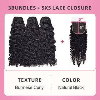 #1B Burmese Curly  3 Bundles with HD lace Closure Deal 100% Human Hair CVOHAIR