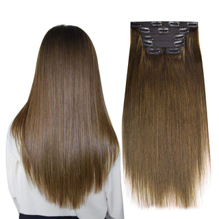 CVOHAIR #2 Dunkelbraune, glatte Clip-in-Haarverlängerungen, Echthaar, unsichtbare Spitze, Clip-ins, 6 Stück, 110 g