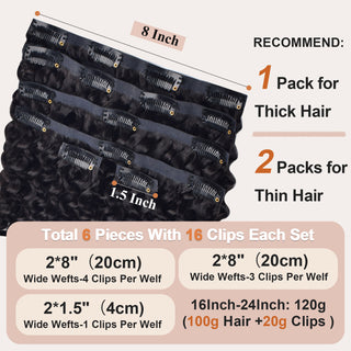 CVOHAIR 6-teiliges gewelltes Clip-in-Haarverlängerungsset, Echthaar, PU, ​​nahtlos, Clip-ins, Naturschwarz, 110 g 