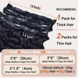 CVOHAIR 6-teiliges gewelltes Clip-in-Haarverlängerungsset, Echthaar, PU, ​​nahtlos, Clip-ins, Naturschwarz, 110 g 