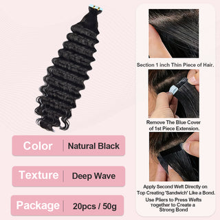 #1B Deep Wave Tape in Hair Extensions Free Shipping Human Hair 20pcs 50g/pack Seamless Skin Weft Hair CVOHAIR