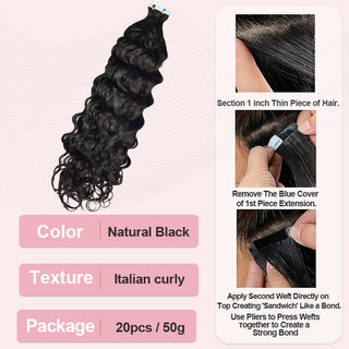 #1B Italian Curly Tape in Hair Extensions Human Hair 20pcs 50g/pack Seamless Skin Weft Hair CVOHAIR
