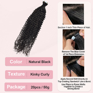 #1 Kinky Curly Tape in Hair Extensions Human Hair 20pcs 50g/pack Seamless Skin Weft Hair CVOHAIR