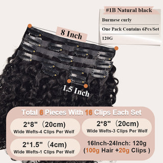 #1B 6Pcs Burmese Curly Free Shipping PU Seamless Clip ins Hair Extensions Real Human Hair CVOHAIR